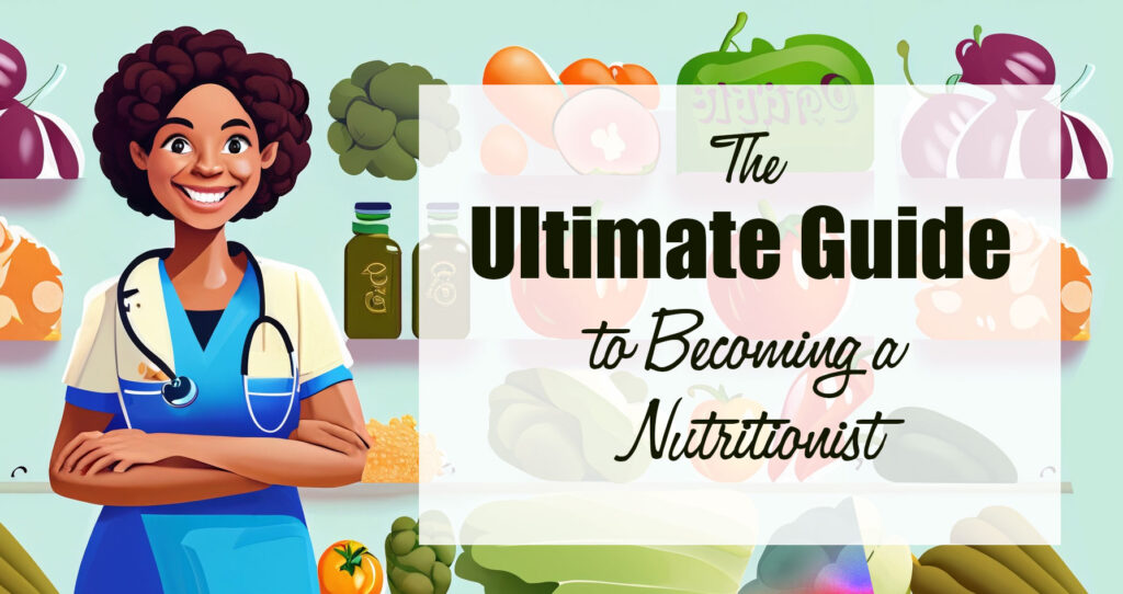 Nutritionist holding up a sign saying "The Ultimate Guide to Becoming a Nutritionist"
