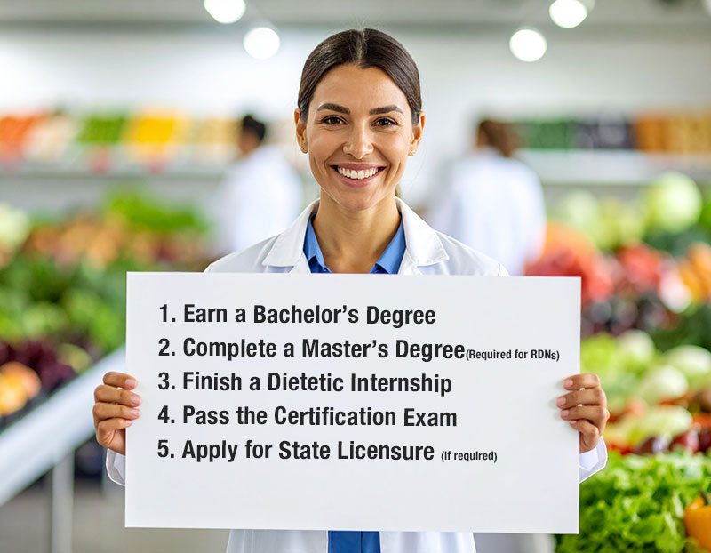 Nutritionist holding up a a sign saying is it hard to become a nutritionist